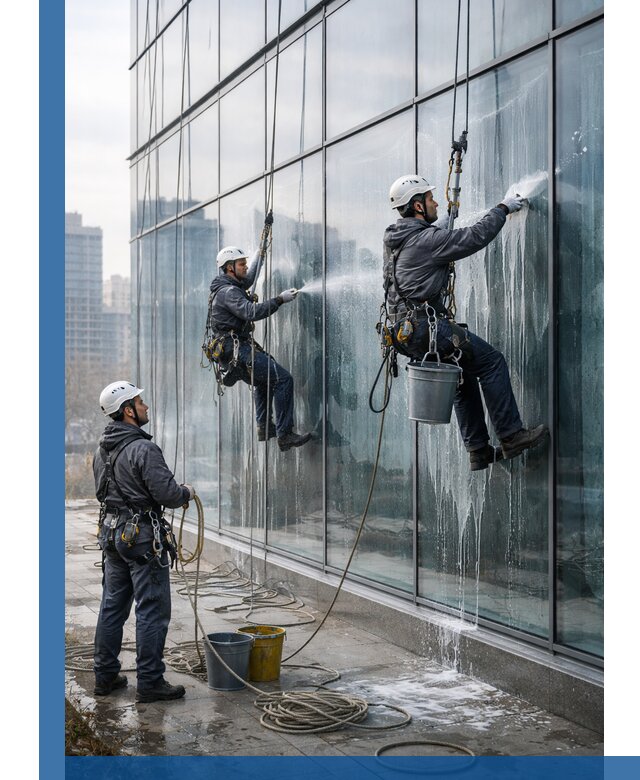 Промышленная мойка панорамных окон на высоте в Барнауле