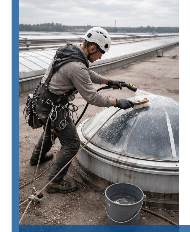 Мойка зенитных фонарей на кровле для промышленных объектов в Барнауле