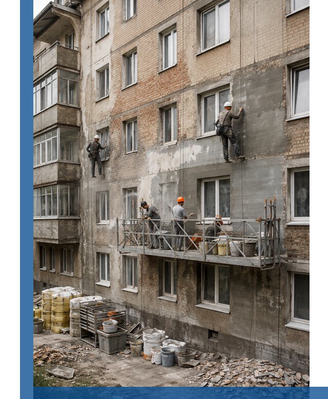 Капитальный ремонт фасада в Барнауле с восстановлением и гидроизоляцией