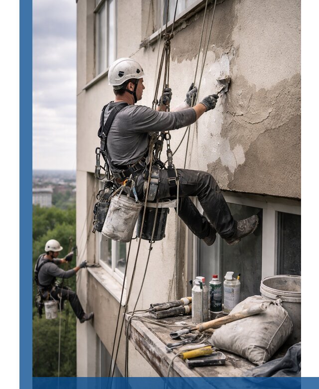 Косметический ремонт фасада зданий в Барнауле промышленными альпинистами