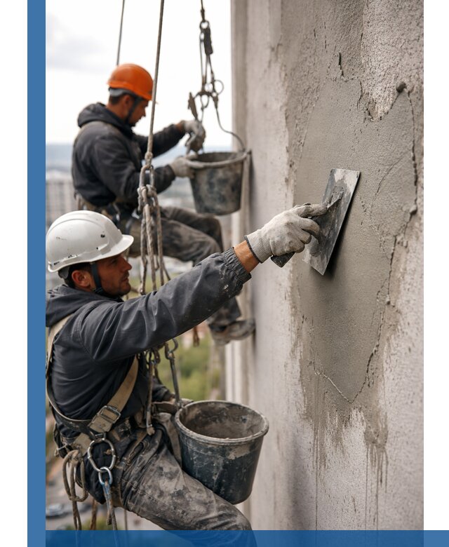 Штукатурка фасада на высоте в Барнауле профессиональные работы