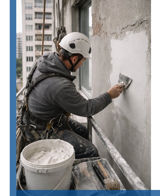 Шпаклевка фасадов на высоте с промальпинистами в Барнауле