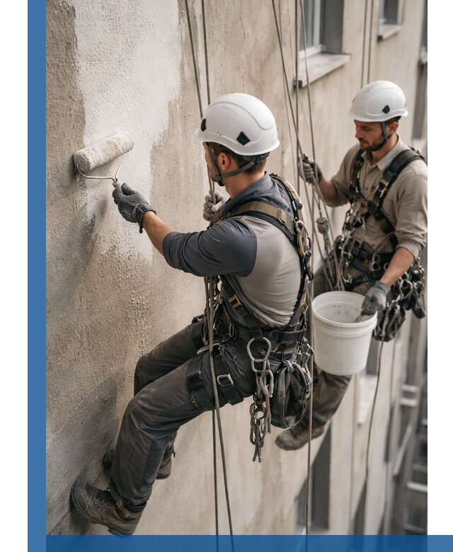 Грунтовка фасада на высоте в Барнауле промышленными альпинистами