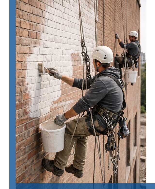 Покраска кирпичного фасада с доступным альпинистским сервисом в Барнауле