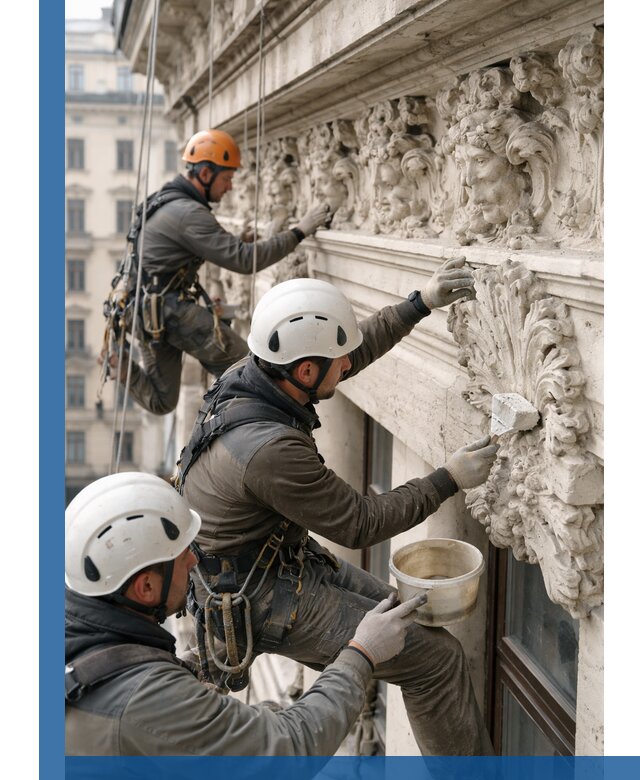 Реставрация фасадной лепнины с высотными работами в Барнауле