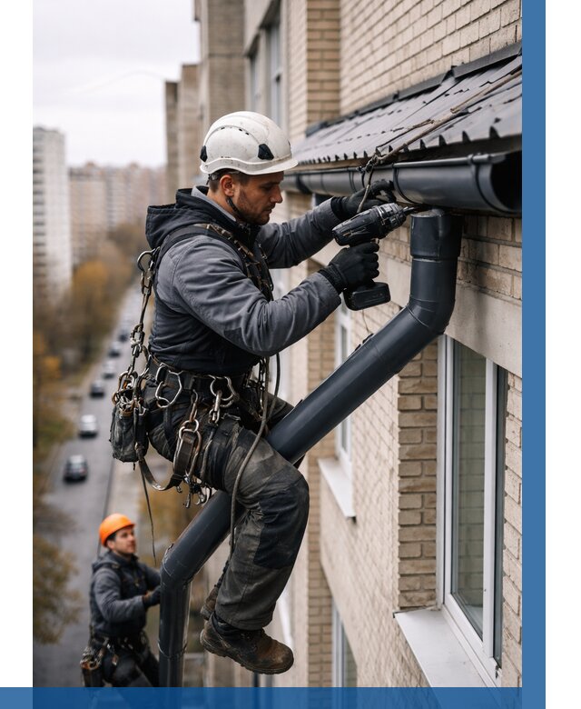 Монтаж водосточной системы на здании в Барнауле от 5058 р. | ВЫСОТНИК-Брн