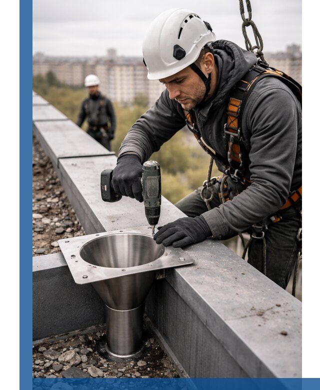 Монтаж водосточных воронок в Барнауле для промышленных зданий