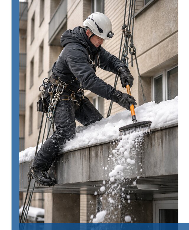 Очистка козырьков от снега в Барнауле круглогодично безопасно