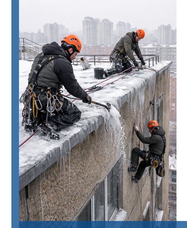 Удаление наледи с кровли в Барнауле промышленными альпинистами