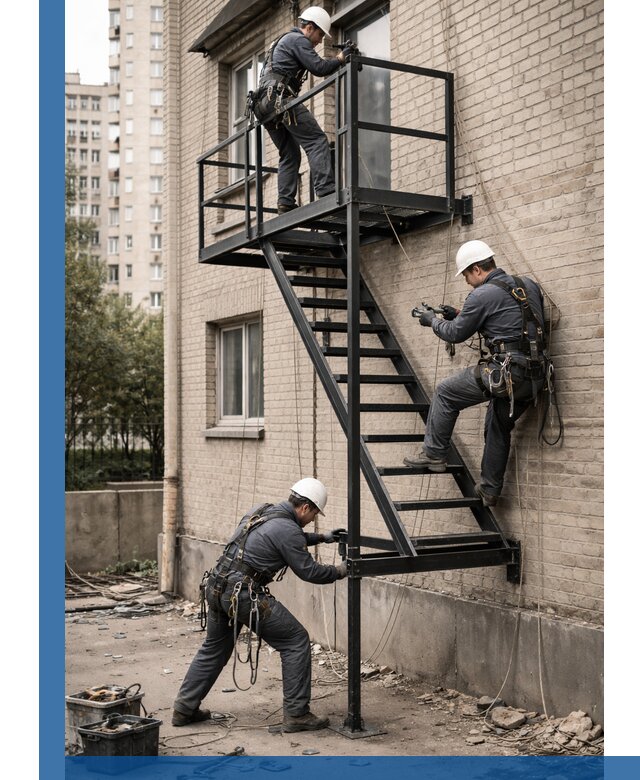 Монтаж пожарной лестницы в Барнауле, установка и крепление