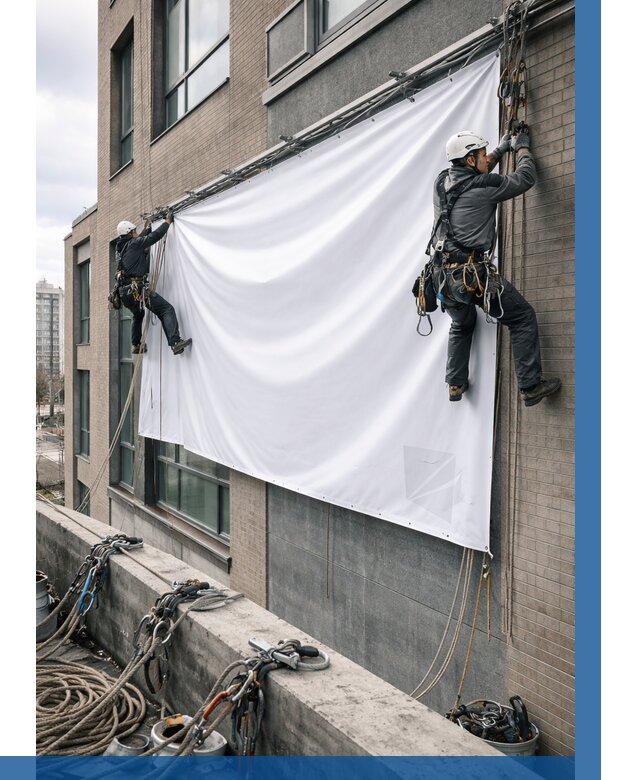 Монтаж баннеров на фасаде в Барнауле от 658 р. заказать ВЫСОТНИК-Брн