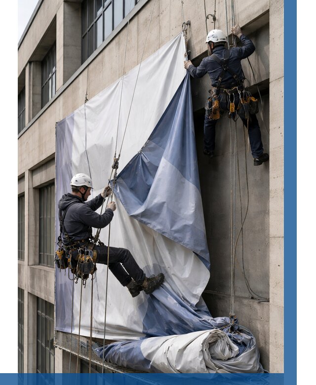 Демонтаж баннеров с фасада в Барнауле от 4552 р. | ВЫСОТНИК-Брн