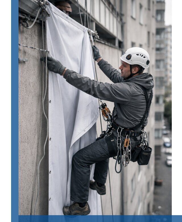 Замена баннерного полотна промышленными альпинистами в Барнауле
