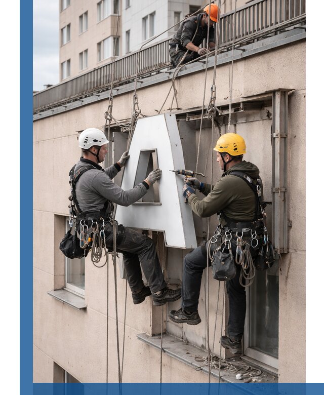 Ремонт и восстановление наружных вывесок на высоте в Барнауле