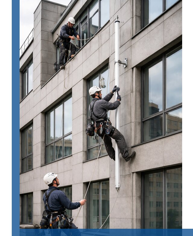 Монтаж флагштока на фасаде здания с креплением и герметикой в Барнауле