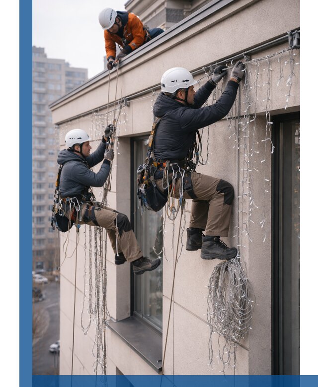 Монтаж праздничных гирлянд на фасаде в Барнауле для зданий