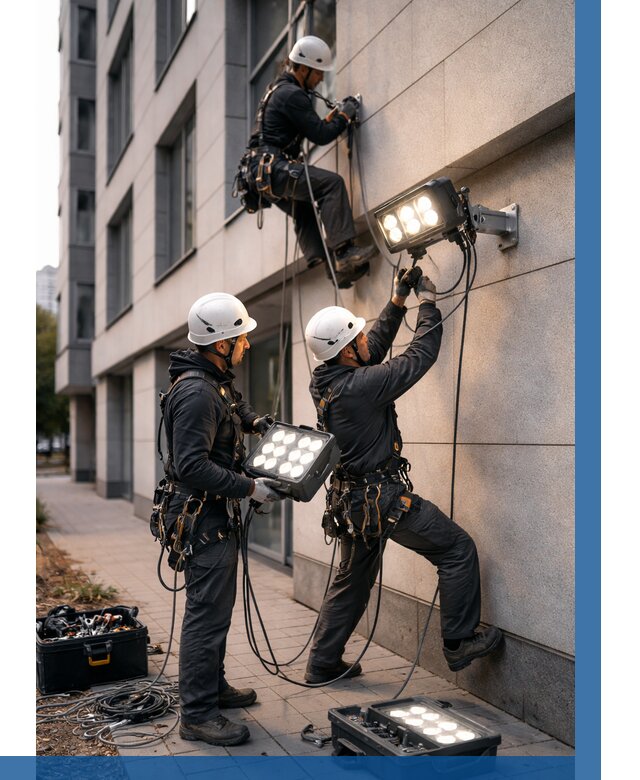 Монтаж прожекторов на фасаде в Барнауле от 7587 р. | ВЫСОТНИК-Брн