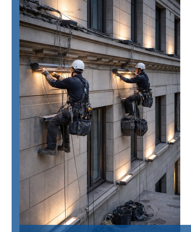 Монтаж архитектурной подсветки фасадов зданий в Барнауле