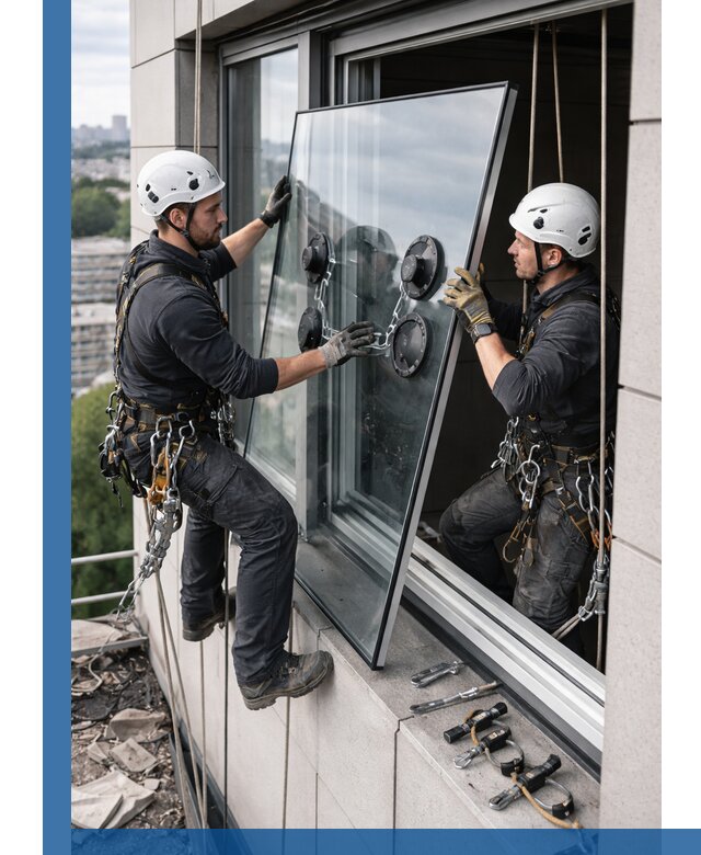 Замена стеклопакетов на высоте с промышленными альпинистами в Барнауле