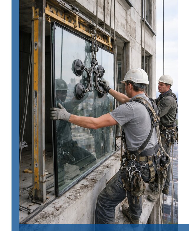 Монтаж стеклопакетов на высоте в Барнауле с промышленным альпинизмом