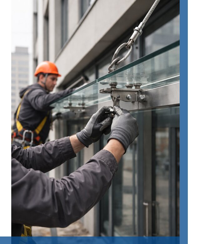 Монтаж стеклянных козырьков в Барнауле от 8599 р. | ВЫСОТНИК-Брн