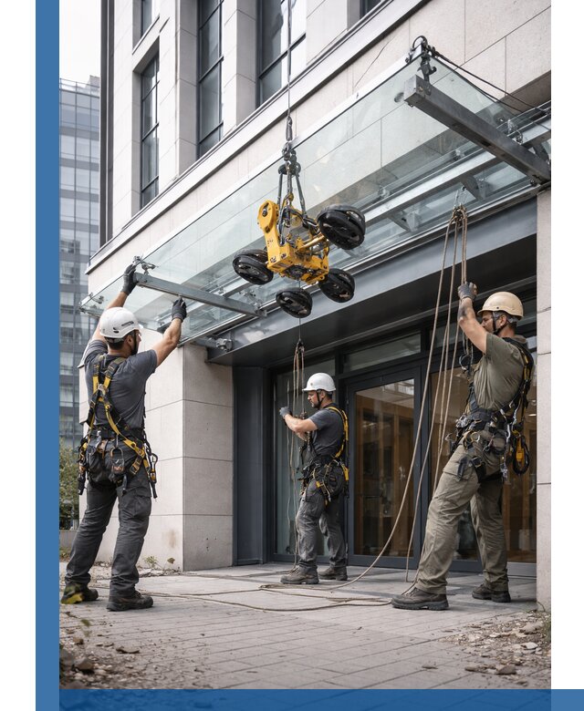 Монтаж стеклянных козырьков под ключ в Барнауле для зданий