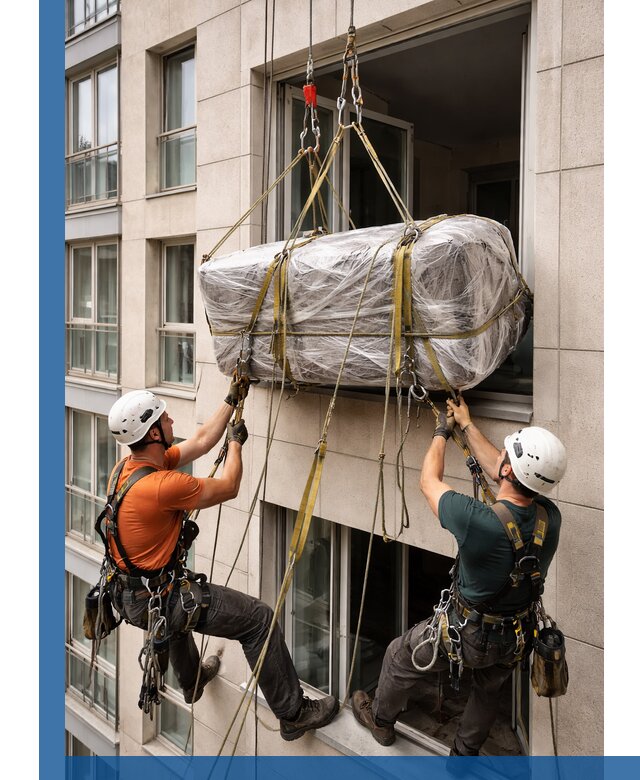 Подъем грузов через окно в Барнауле промышленными альпинистами