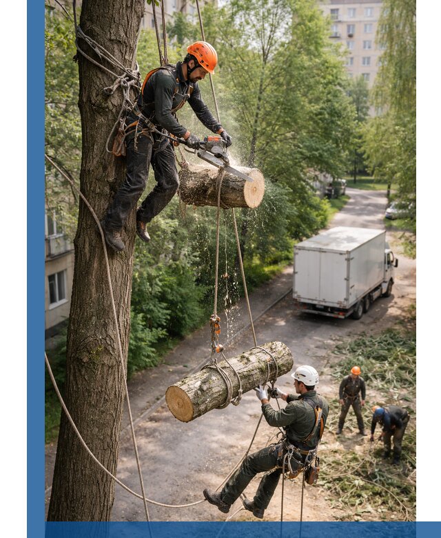 Спил деревьев альпинистами в Барнауле, безопасно и без повреждений