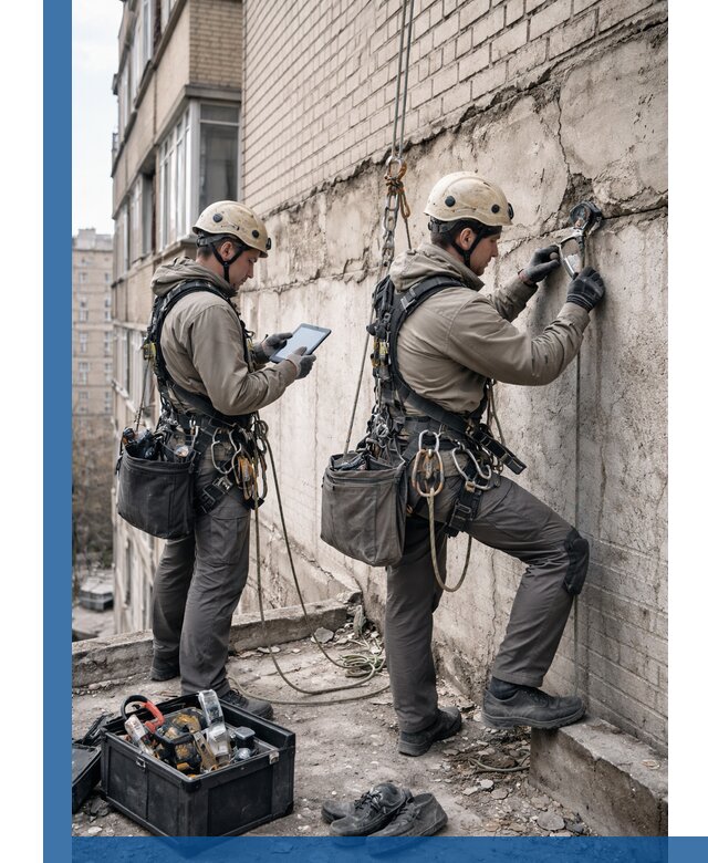 Обследование фасада промышленными альпинистами в Барнауле